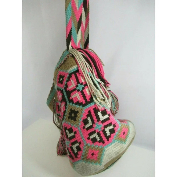 Wayúu Mochila Bag Purse Handbag Bucket Shoulder Straps Colombian Pink Teal Woven - Picture 8 of 8